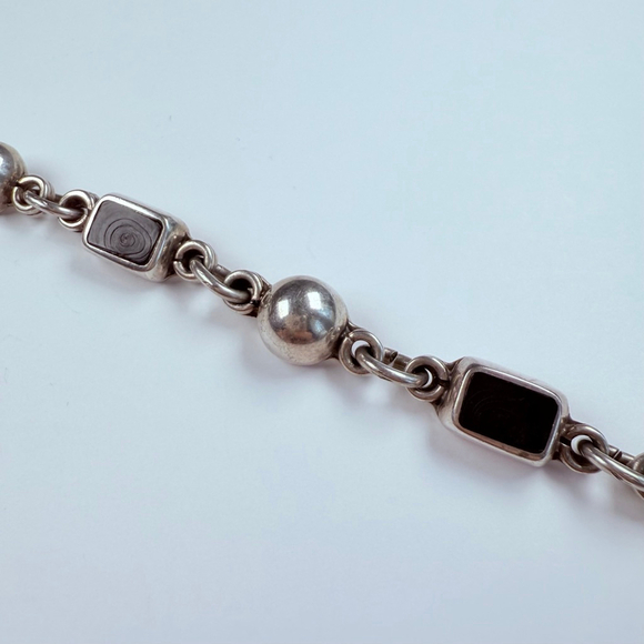 Modernist Petrified Fossilized Wood Ball Chain Sterling Silver 925 VTG Bracelet - Picture 4 of 8